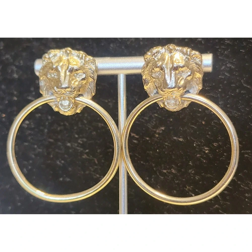 Vintage Gold Tone Lion Head Door Knocker Hoop Earrings Statement Leo